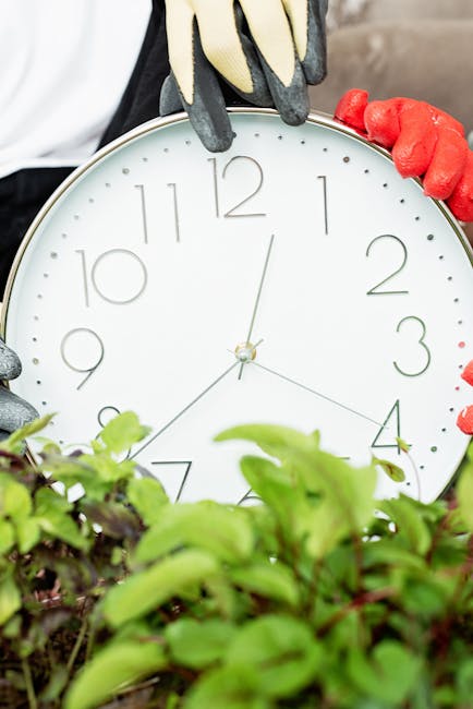 A gardener and a young woman are engaged in garden maintenance in a lush, green outdoor space. The gardener, wearing a plaid shirt and a brown apron, is holding a garden rake and appears to be explain